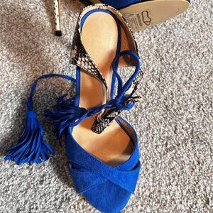 Blue Python Embossed Leather and Suede Tassel Ankle Strap Sandal